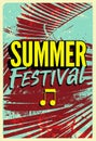 Summer Festival typographic grunge vintage poster design with palm leaves. Retro vector illustration.